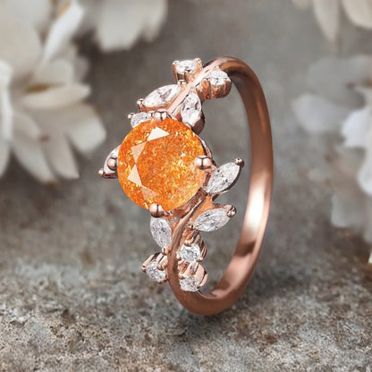 Art Deco Nature Sunstone Engagement Ring Vintage Round Cut Sunstone Cluster Promise Ring Orange Gemstone Bridal Leaf Ring Custom Jewelry