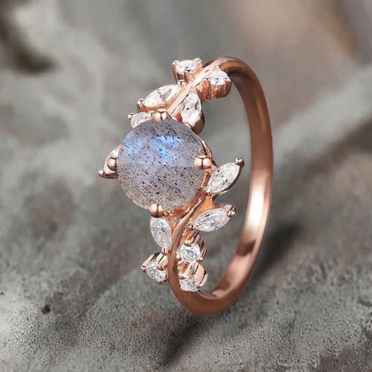 Art Deco Nature Labradorite Engagement Ring Vintage Round Cut Labradorite Cluster Promise Ring Grey Gemstone Bridal Leaf Ring Custom Jewelry