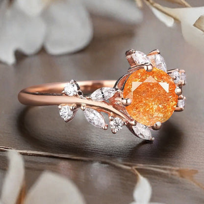Art Deco Nature Sunstone Engagement Ring Vintage Round Cut Sunstone Cluster Promise Ring Orange Gemstone Bridal Leaf Ring Custom Jewelry