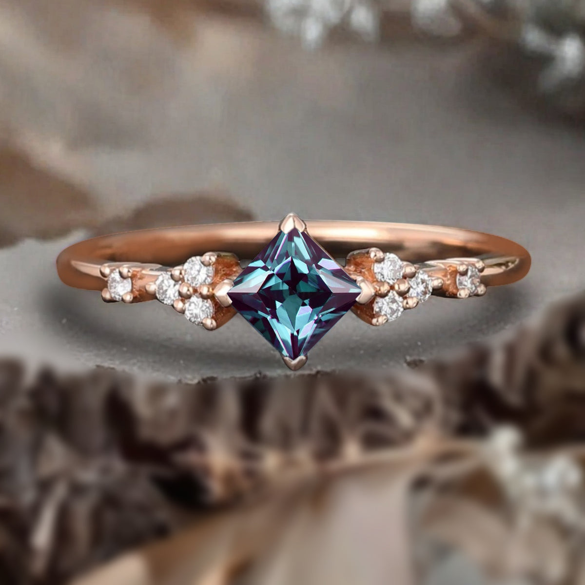 Princess cut Alexandrite ring 925 sterling silver ring 4 prong stones Simulated Moissanite anniversary gift