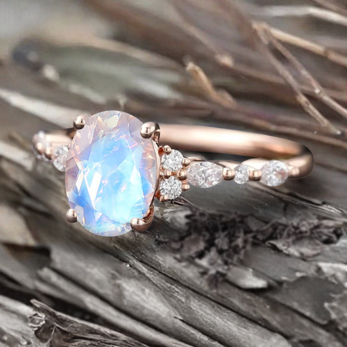 Vintage Unique Moonstone Ring 14K Rose Gold Oval Cut Women Danity Moonstone Moissanite Promise Ring