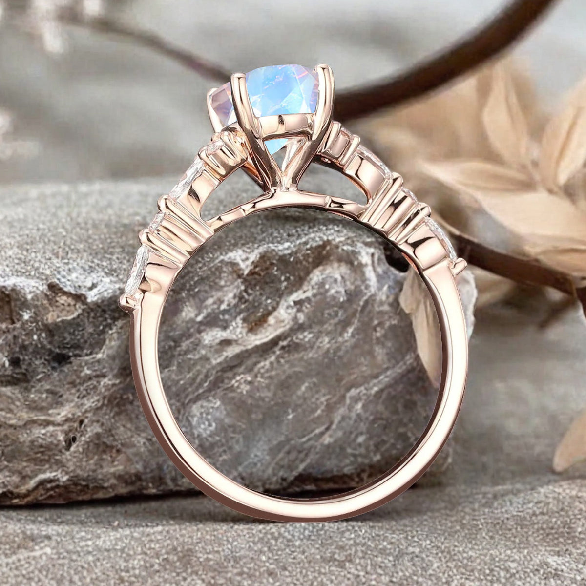 Vintage Unique Moonstone Ring 14K Rose Gold Oval Cut Women Danity Moonstone Moissanite Promise Ring