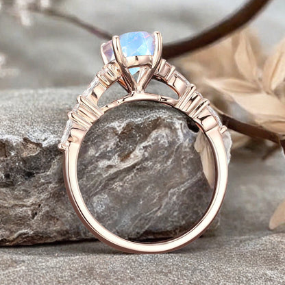 Vintage Unique Moonstone Ring 14K Rose Gold Oval Cut Women Danity Moonstone Moissanite Promise Ring