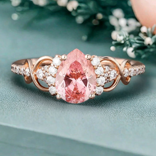 Vintage Pink Sapphire Ring Unique Pear Cut Engagement Moissanite Cluster Wedding Promise Ring For Women Delicate Gemstone Ring