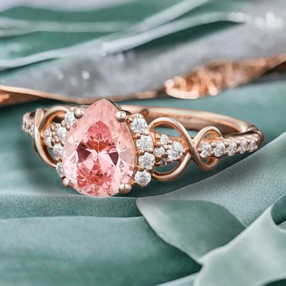 Vintage Pink Sapphire Ring Unique Pear Cut Engagement Moissanite Cluster Wedding Promise Ring For Women Delicate Gemstone Ring