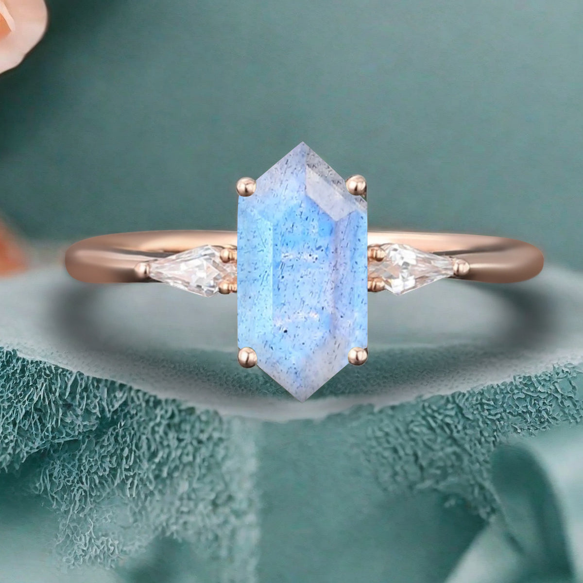 Vintage Hexagon Cut Labradorite Ring Moissanite Engagement Ring Unique Promise Bridal Ring