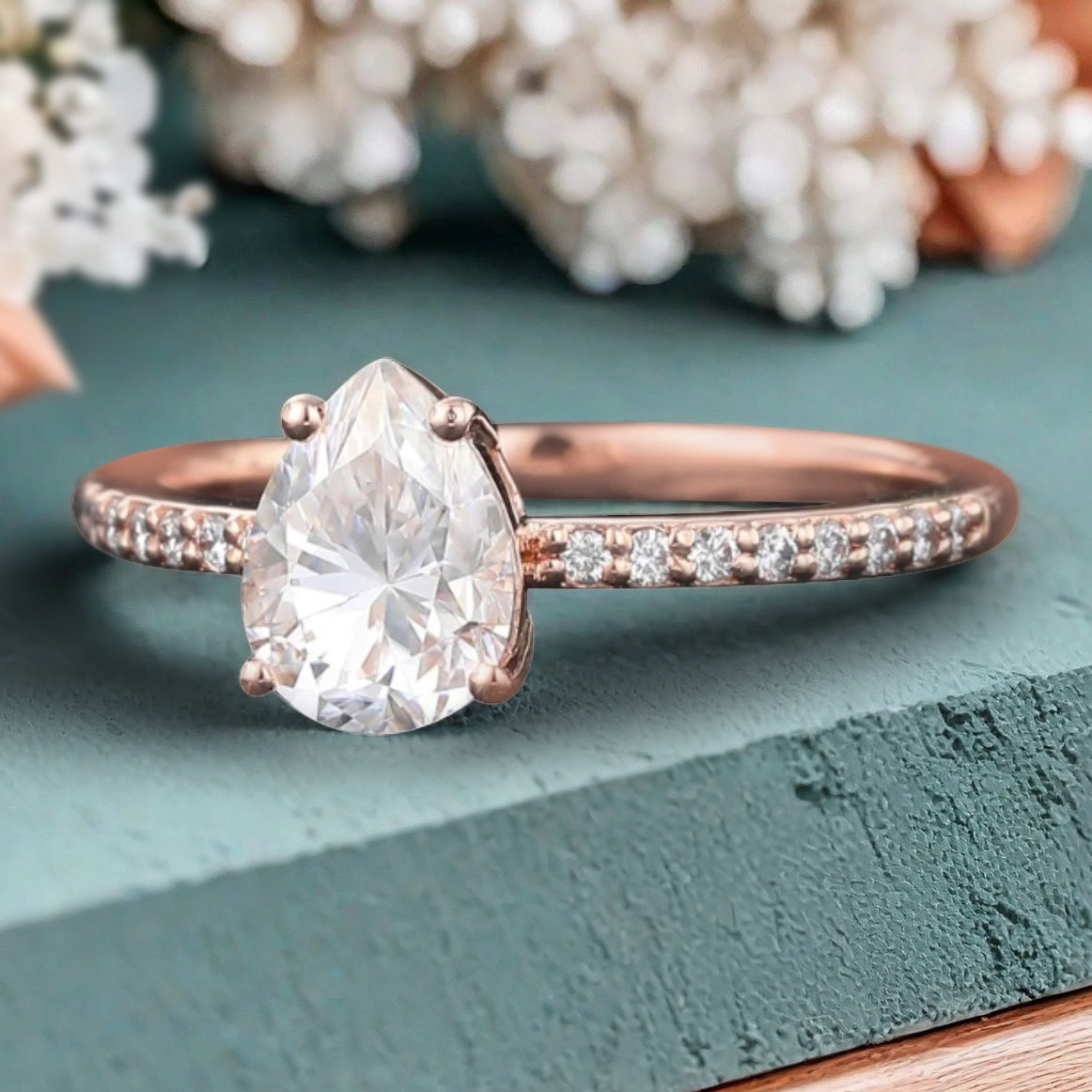 Unique Pear Cut Moissanite Engagement Ring Vintage White Agate Wedding Ring Delicate Moissanite Ring Moissanite Cluster Ring For Women
