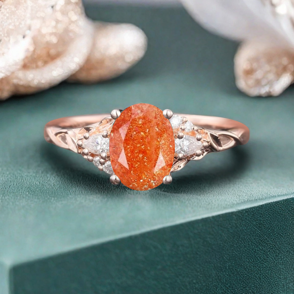 Vintage Oval Cut Sunstone Engagement Ring Unique Moissanite Wedding Ring Art Deco Rose Gold Ring Dainty Bridal Ring Anniversary Gift Ring