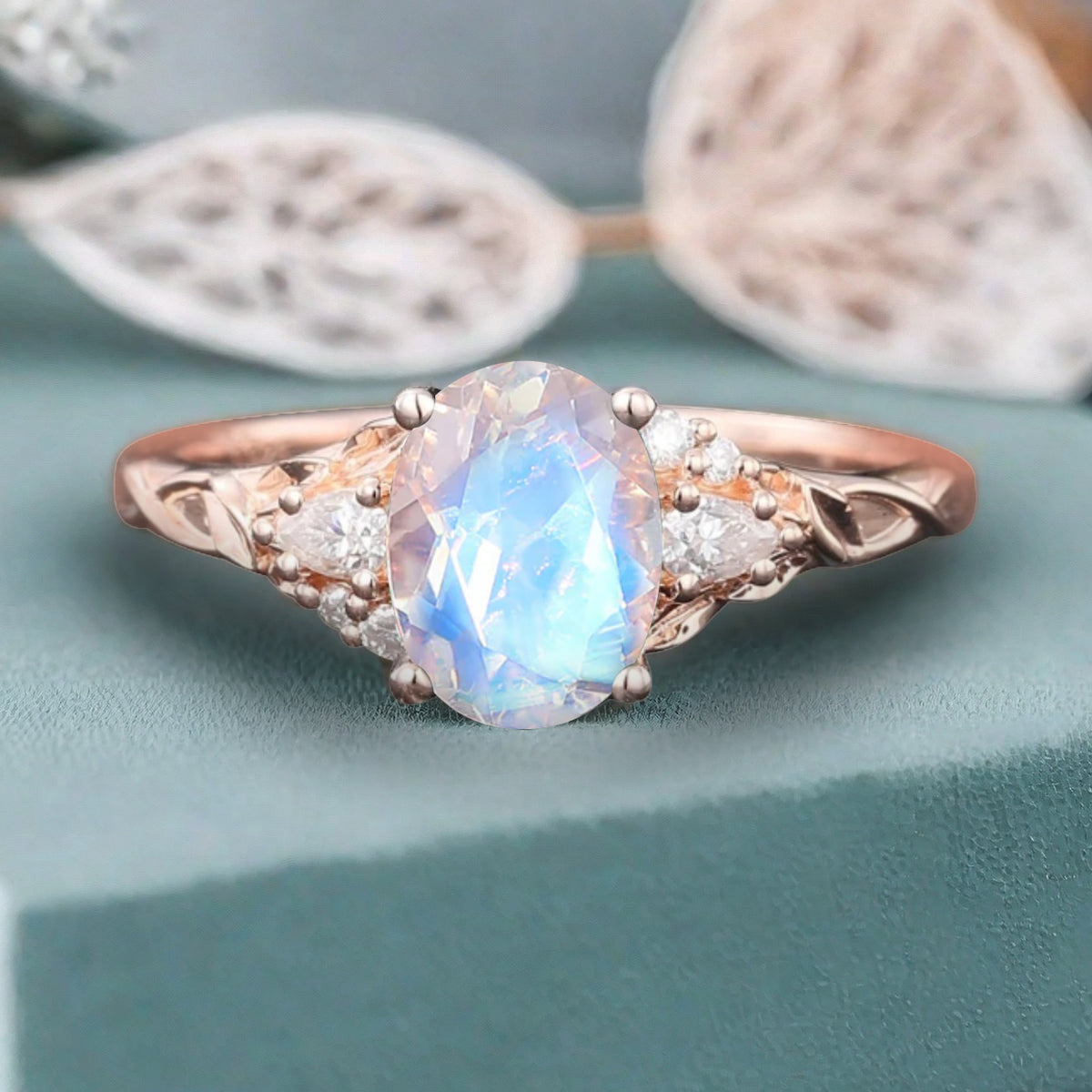 Vintage Oval Cut Moonstone Engagement Ring Unique Moissanite Wedding Ring Art Deco Rose Gold Ring Dainty Bridal Ring Anniversary Gift Ring