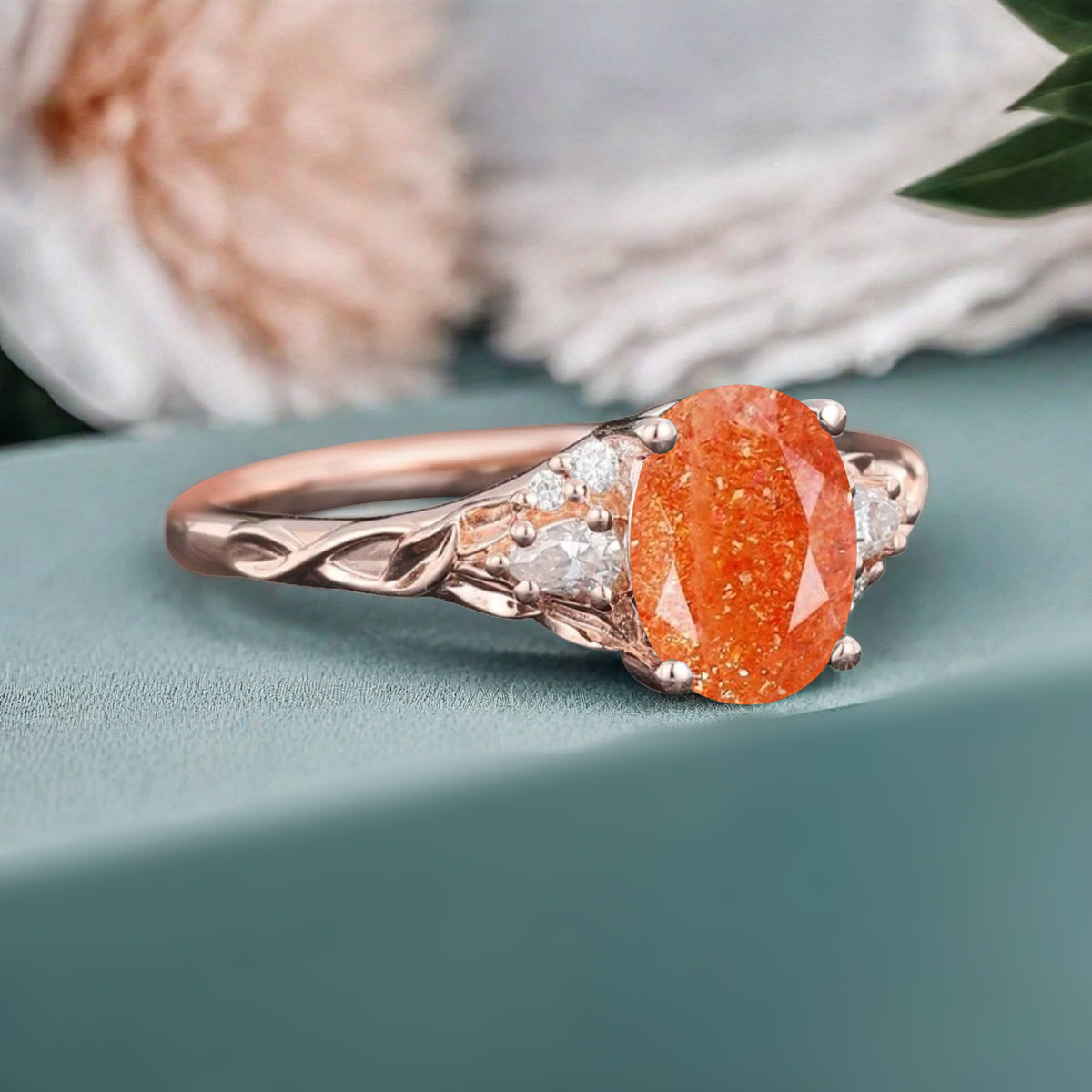 Vintage Oval Cut Sunstone Engagement Ring Unique Moissanite Wedding Ring Art Deco Rose Gold Ring Dainty Bridal Ring Anniversary Gift Ring