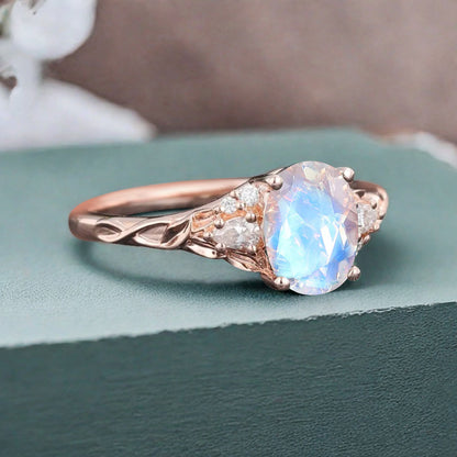 Vintage Oval Cut Moonstone Engagement Ring Unique Moissanite Wedding Ring Art Deco Rose Gold Ring Dainty Bridal Ring Anniversary Gift Ring