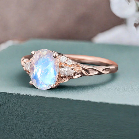 Vintage Oval Cut Moonstone Engagement Ring Unique Moissanite Wedding Ring Art Deco Rose Gold Ring Dainty Bridal Ring Anniversary Gift Ring