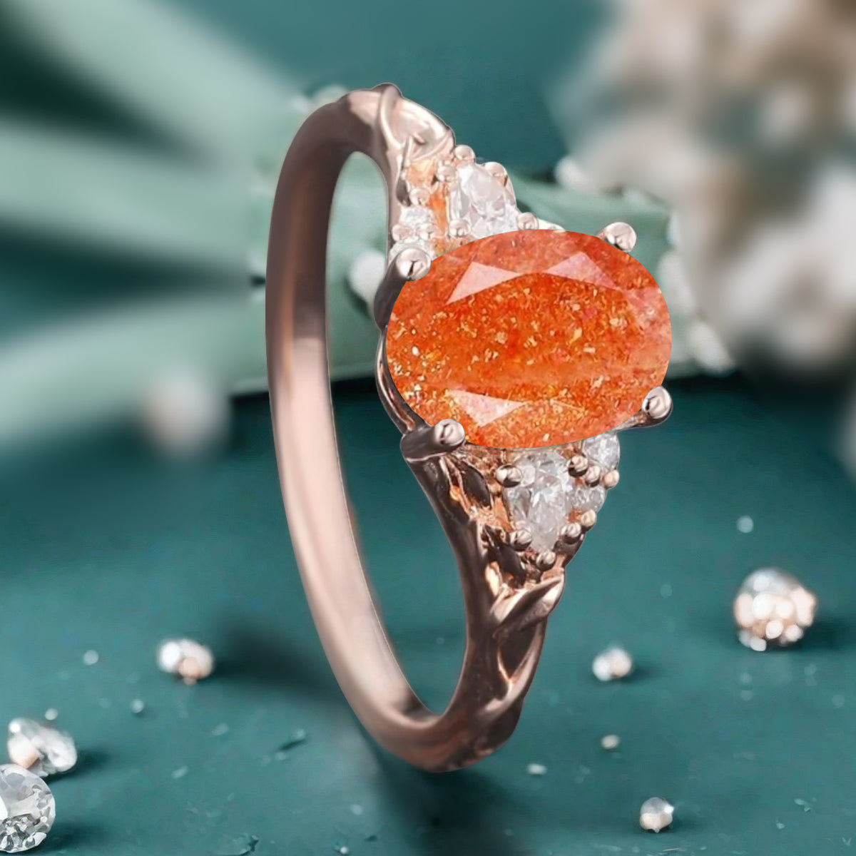 Vintage Oval Cut Sunstone Engagement Ring Unique Moissanite Wedding Ring Art Deco Rose Gold Ring Dainty Bridal Ring Anniversary Gift Ring