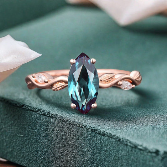 Marquise Alexandrite Engagement Ring Moissanite Cluster Promise Ring Rose Gold Art Deco Blue Alexandrite Leaf Design Ring Anniversary Gift