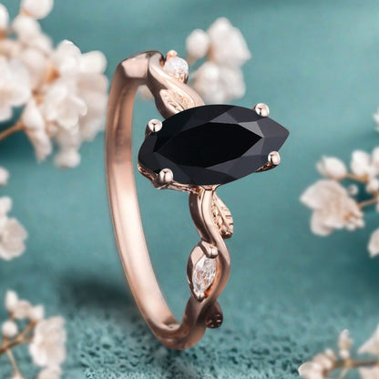 Marquise Black Onyx Engagement Ring Moissanite Cluster Promise Ring Rose Gold Art Deco Black Onyx Leaf Design Ring Anniversary Gift