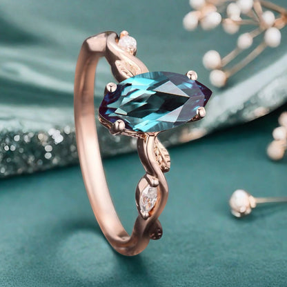 Marquise Alexandrite Engagement Ring Moissanite Cluster Promise Ring Rose Gold Art Deco Blue Alexandrite Leaf Design Ring Anniversary Gift