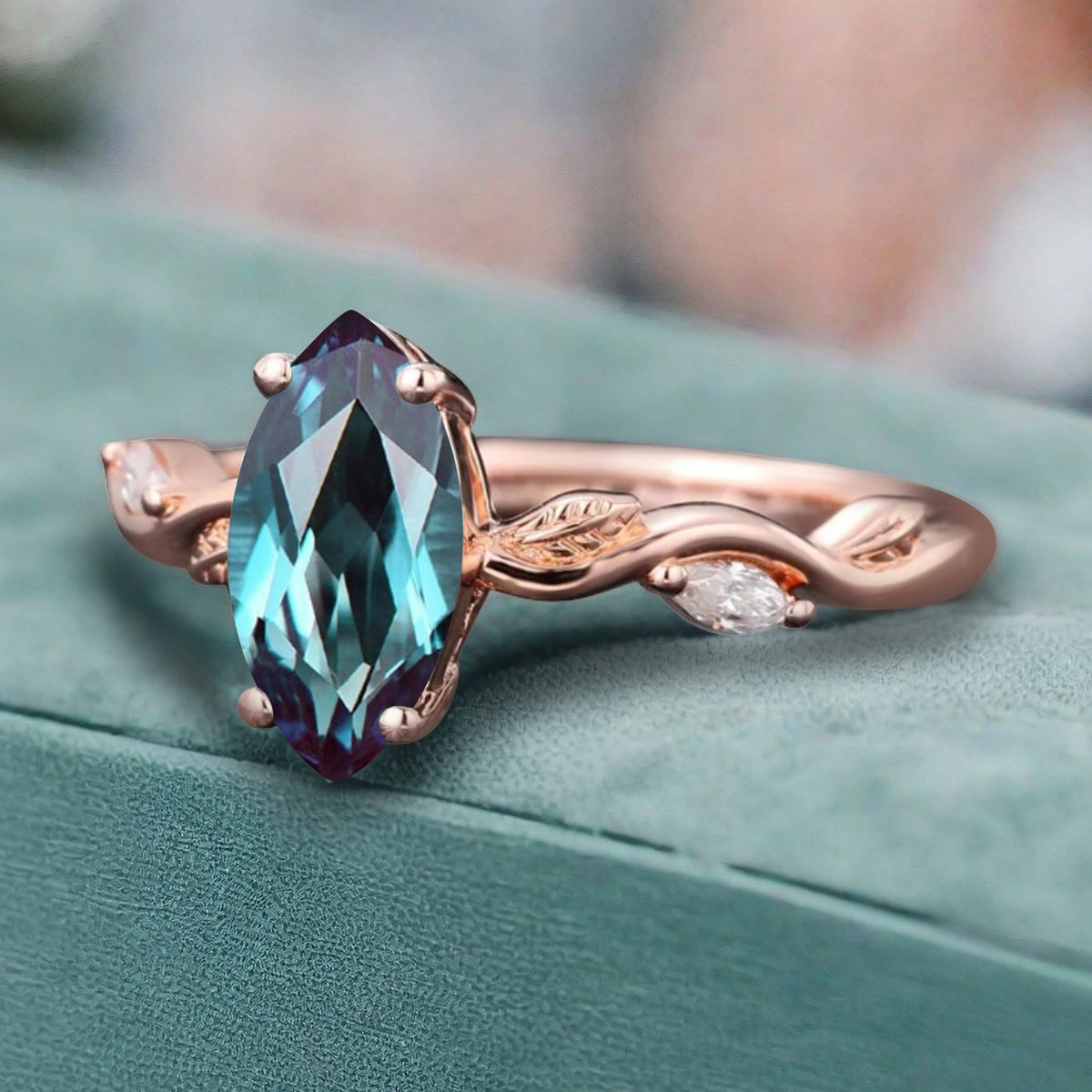Marquise Alexandrite Engagement Ring Moissanite Cluster Promise Ring Rose Gold Art Deco Blue Alexandrite Leaf Design Ring Anniversary Gift