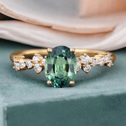 Unique Tsavorite Ring 14K Solid Gold Vintage Oval Green Tsavorite Engagement Ring Art Deco Moissanite Promise Ring Anniversary Gift For Women