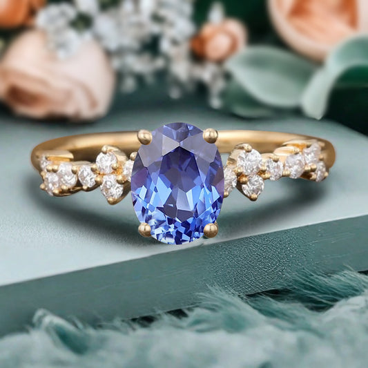 Unique Blue Topaz Ring 14K Solid Gold Vintage Oval Blue Topaz Engagement Ring Art Deco Moissanite Promise Ring Anniversary Gift For Women