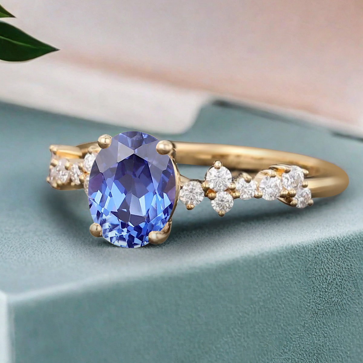 Unique Blue Topaz Ring 14K Solid Gold Vintage Oval Blue Topaz Engagement Ring Art Deco Moissanite Promise Ring Anniversary Gift For Women