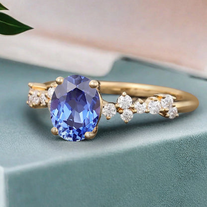 Unique Blue Topaz Ring 14K Solid Gold Vintage Oval Blue Topaz Engagement Ring Art Deco Moissanite Promise Ring Anniversary Gift For Women