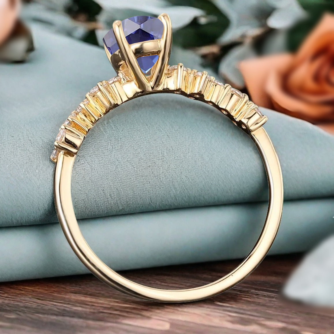 Unique Blue Topaz Ring 14K Solid Gold Vintage Oval Blue Topaz Engagement Ring Art Deco Moissanite Promise Ring Anniversary Gift For Women