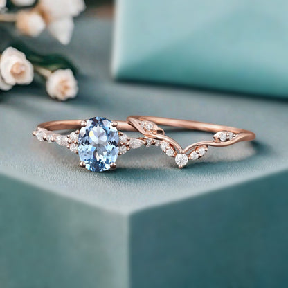 Oval Cut Blue Aquamarine Engagement Women Ring Vintage Aquamarine Rose Gold Art Deco Diamond Cluster Bridal Anniversary Wedding Ring Set