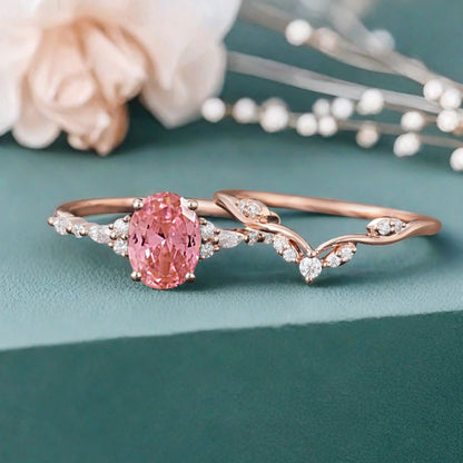 Oval Cut Pink Sapphire Engagement Women Ring Vintage Pink Sapphire Rose Gold Art Deco Diamond Cluster Bridal Anniversary Wedding Ring Set