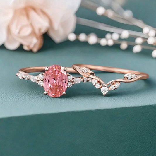 Oval Cut Pink Sapphire Engagement Women Ring Vintage Pink Sapphire Rose Gold Art Deco Diamond Cluster Bridal Anniversary Wedding Ring Set