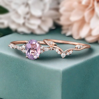 Oval Cut Amethyst Engagement Women Ring Vintage Violet Amethyst Rose Gold Art Deco Diamond Cluster Bridal Anniversary Wedding Ring Set