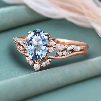 Oval Cut Blue Aquamarine Engagement Women Ring Vintage Aquamarine Rose Gold Art Deco Diamond Cluster Bridal Anniversary Wedding Ring Set