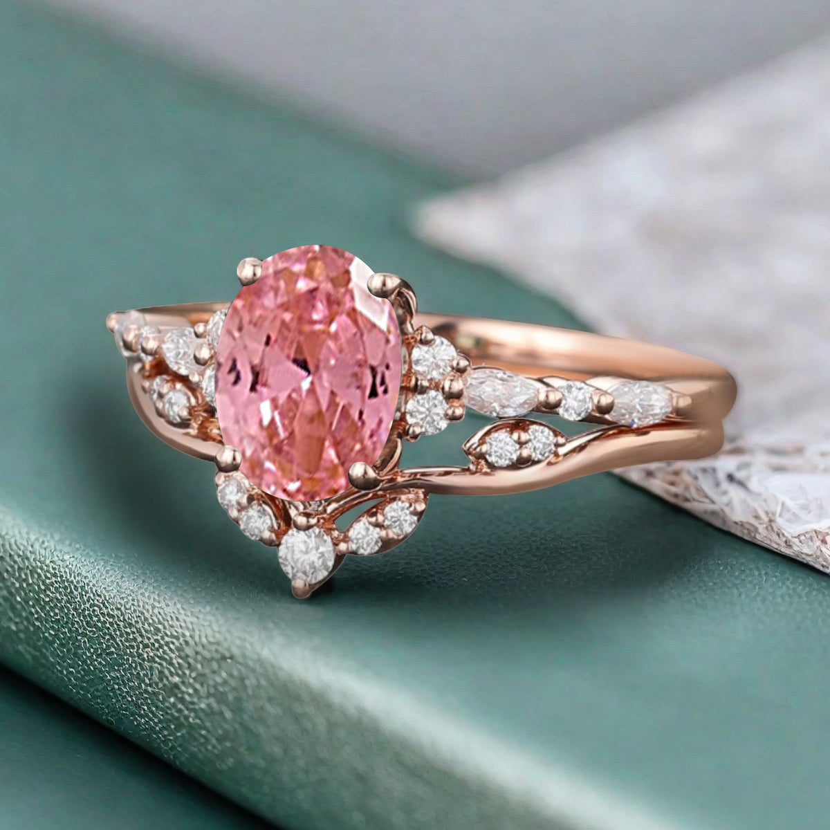 Oval Cut Pink Sapphire Engagement Women Ring Vintage Pink Sapphire Rose Gold Art Deco Diamond Cluster Bridal Anniversary Wedding Ring Set