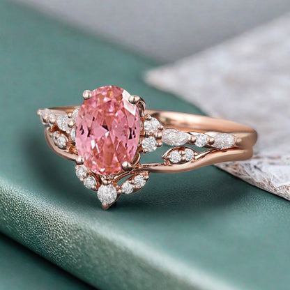 Oval Cut Pink Sapphire Engagement Women Ring Vintage Pink Sapphire Rose Gold Art Deco Diamond Cluster Bridal Anniversary Wedding Ring Set