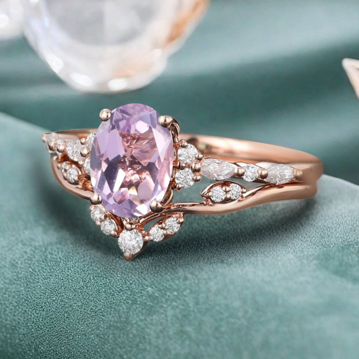 Oval Cut Amethyst Engagement Women Ring Vintage Violet Amethyst Rose Gold Art Deco Diamond Cluster Bridal Anniversary Wedding Ring Set
