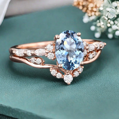 Oval Cut Blue Aquamarine Engagement Women Ring Vintage Aquamarine Rose Gold Art Deco Diamond Cluster Bridal Anniversary Wedding Ring Set