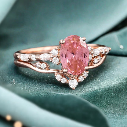 Oval Cut Pink Sapphire Engagement Women Ring Vintage Pink Sapphire Rose Gold Art Deco Diamond Cluster Bridal Anniversary Wedding Ring Set
