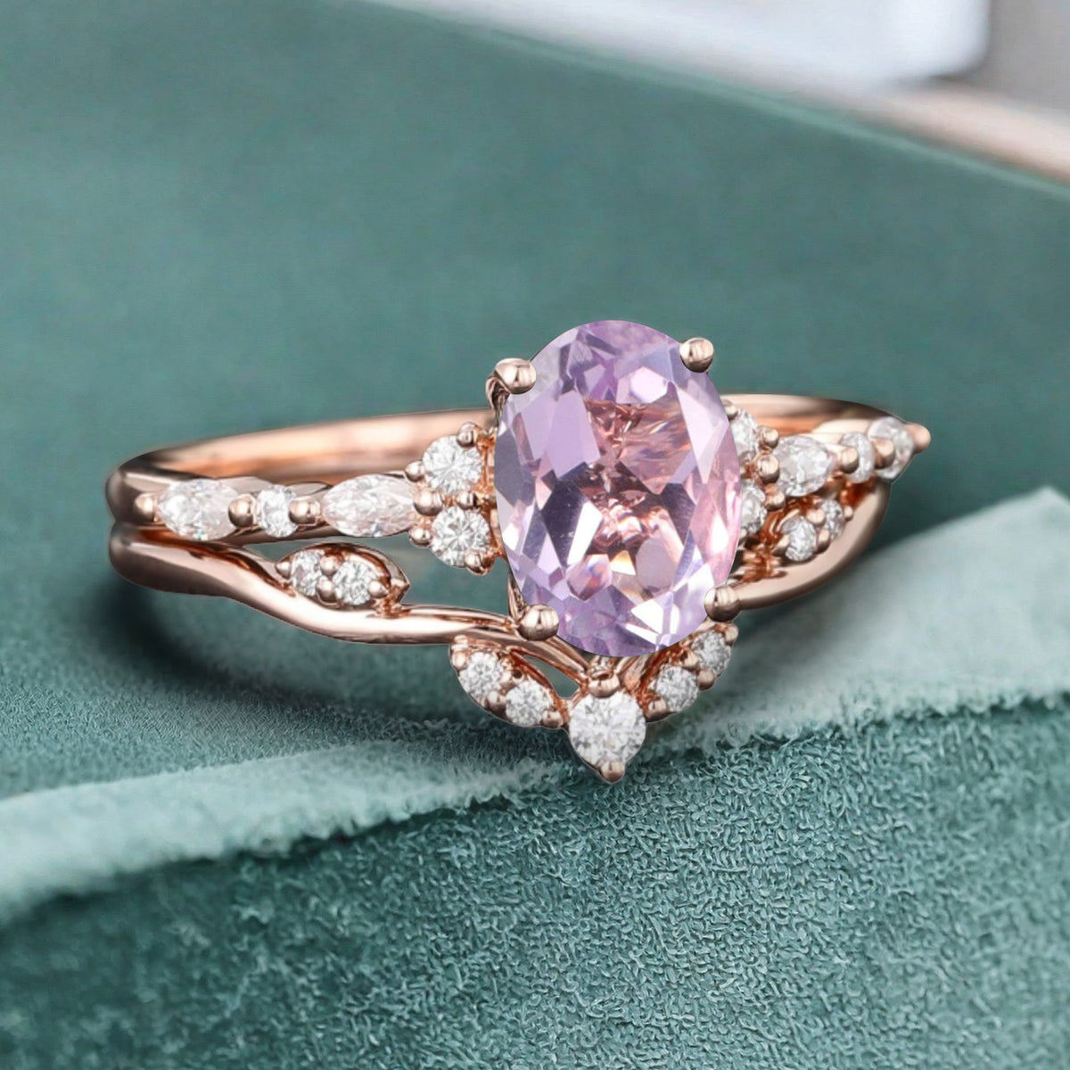 Oval Cut Amethyst Engagement Women Ring Vintage Violet Amethyst Rose Gold Art Deco Diamond Cluster Bridal Anniversary Wedding Ring Set