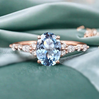 Oval Cut Blue Aquamarine Engagement Women Ring Vintage Aquamarine Rose Gold Art Deco Diamond Cluster Bridal Anniversary Wedding Ring Set