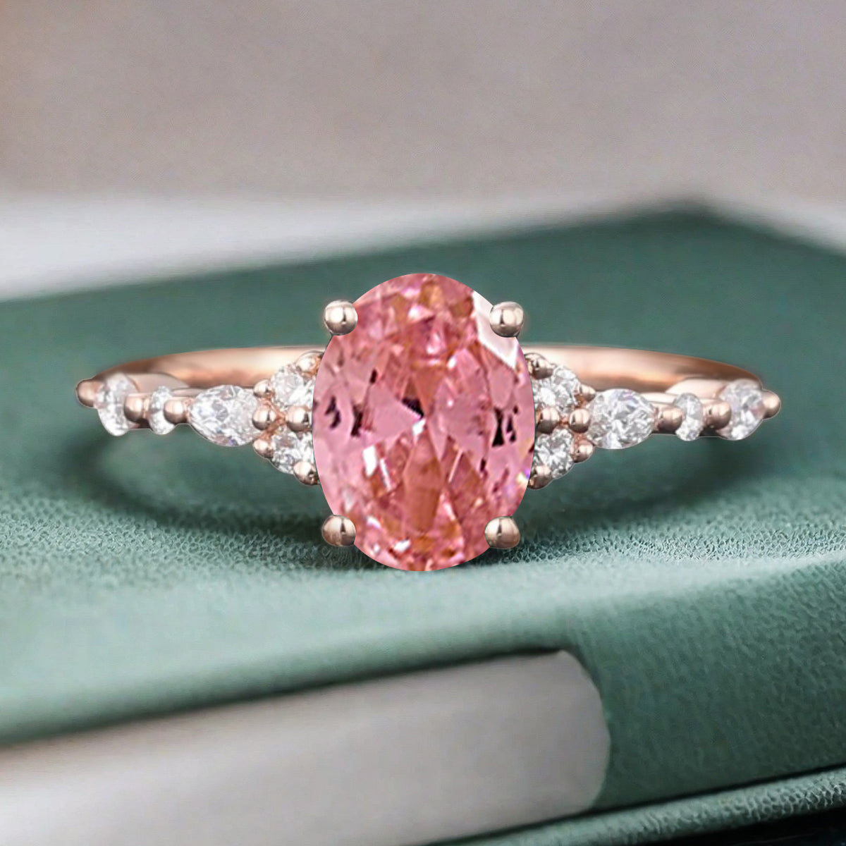 Oval Cut Pink Sapphire Engagement Women Ring Vintage Pink Sapphire Rose Gold Art Deco Diamond Cluster Bridal Anniversary Wedding Ring Set