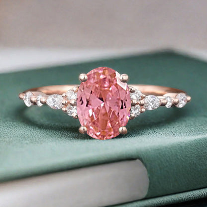 Oval Cut Pink Sapphire Engagement Women Ring Vintage Pink Sapphire Rose Gold Art Deco Diamond Cluster Bridal Anniversary Wedding Ring Set