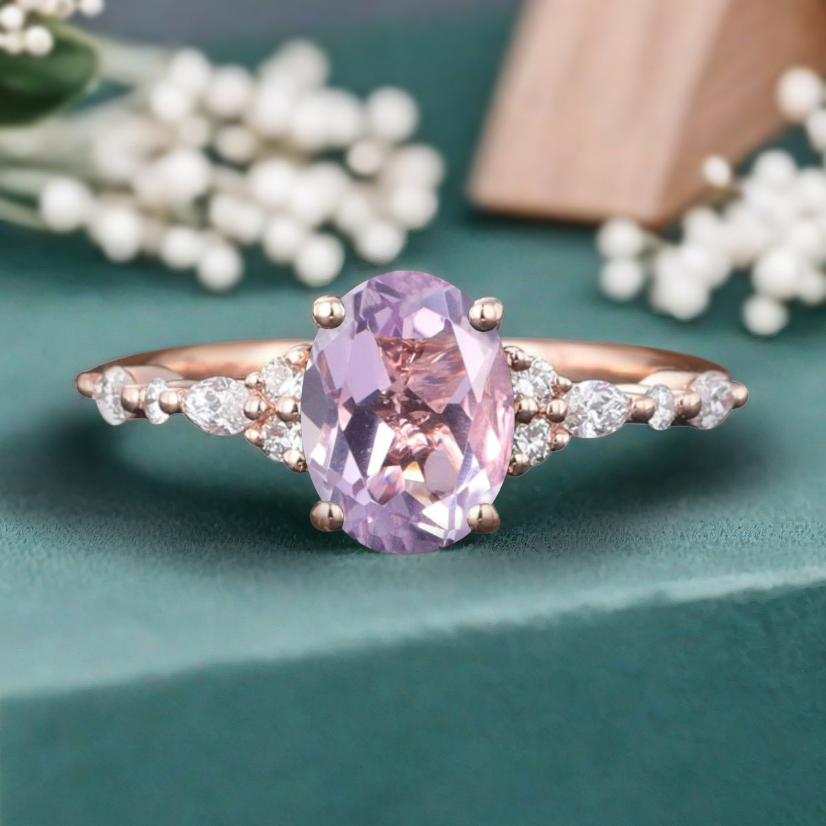 Oval Cut Amethyst Engagement Women Ring Vintage Violet Amethyst Rose Gold Art Deco Diamond Cluster Bridal Anniversary Wedding Ring Set