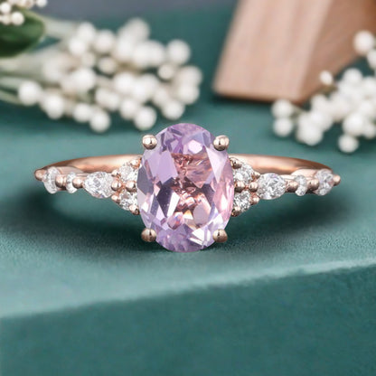 Oval Cut Amethyst Engagement Women Ring Vintage Violet Amethyst Rose Gold Art Deco Diamond Cluster Bridal Anniversary Wedding Ring Set