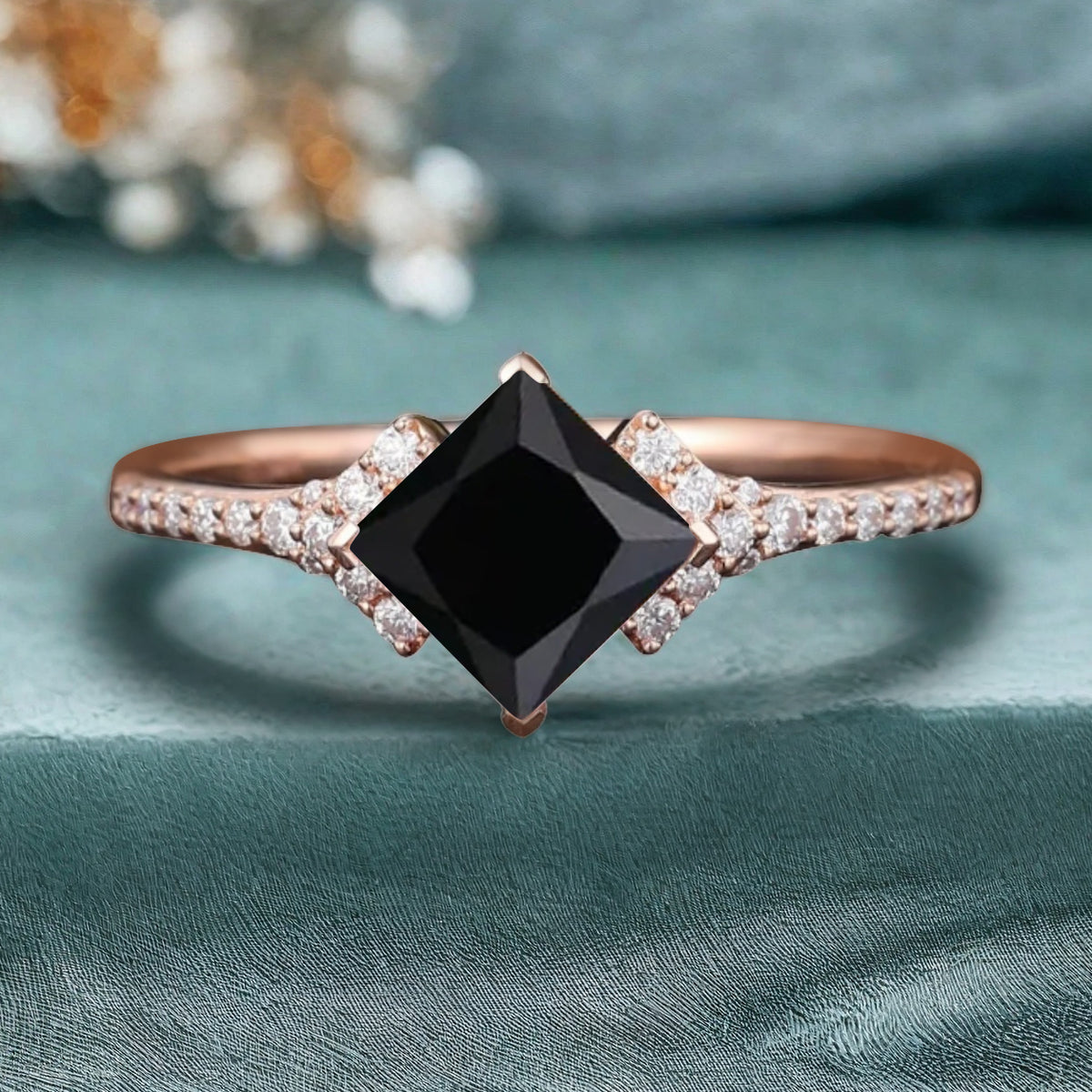 Princess Black Onyx Engagement Ring 14K Solid Gold Promise Ring Cluster Diamond Ring Unique Bridal Moissanite Promise Ring Gift For Her