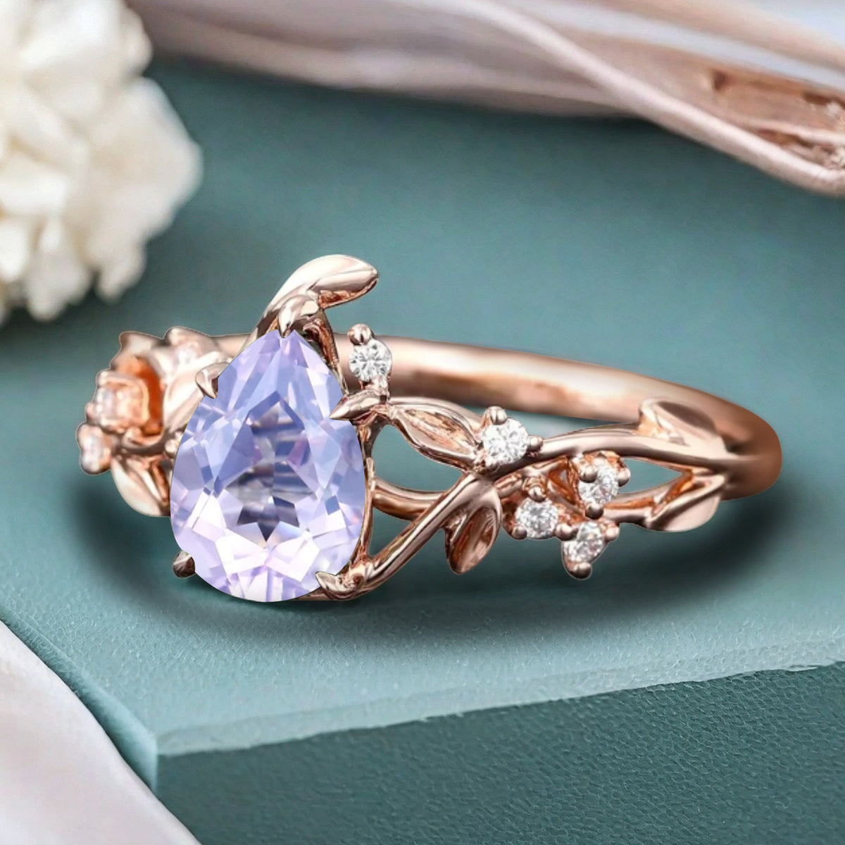 Unique Pear Cut Amethyst Engagement Women Ring Vintage Rose Gold Art Deco Cluster Leaf Nature Inspired Bridal Wedding Ring