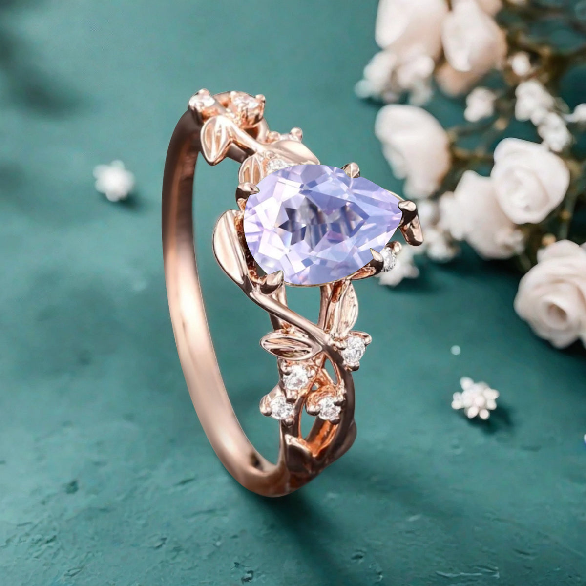 Unique Pear Cut Amethyst Engagement Women Ring Vintage Rose Gold Art Deco Cluster Leaf Nature Inspired Bridal Wedding Ring