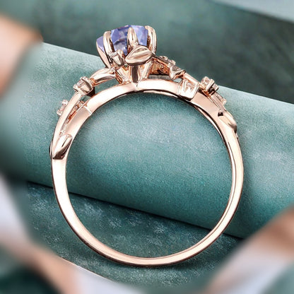 Unique Pear Cut Amethyst Engagement Women Ring Vintage Rose Gold Art Deco Cluster Leaf Nature Inspired Bridal Wedding Ring