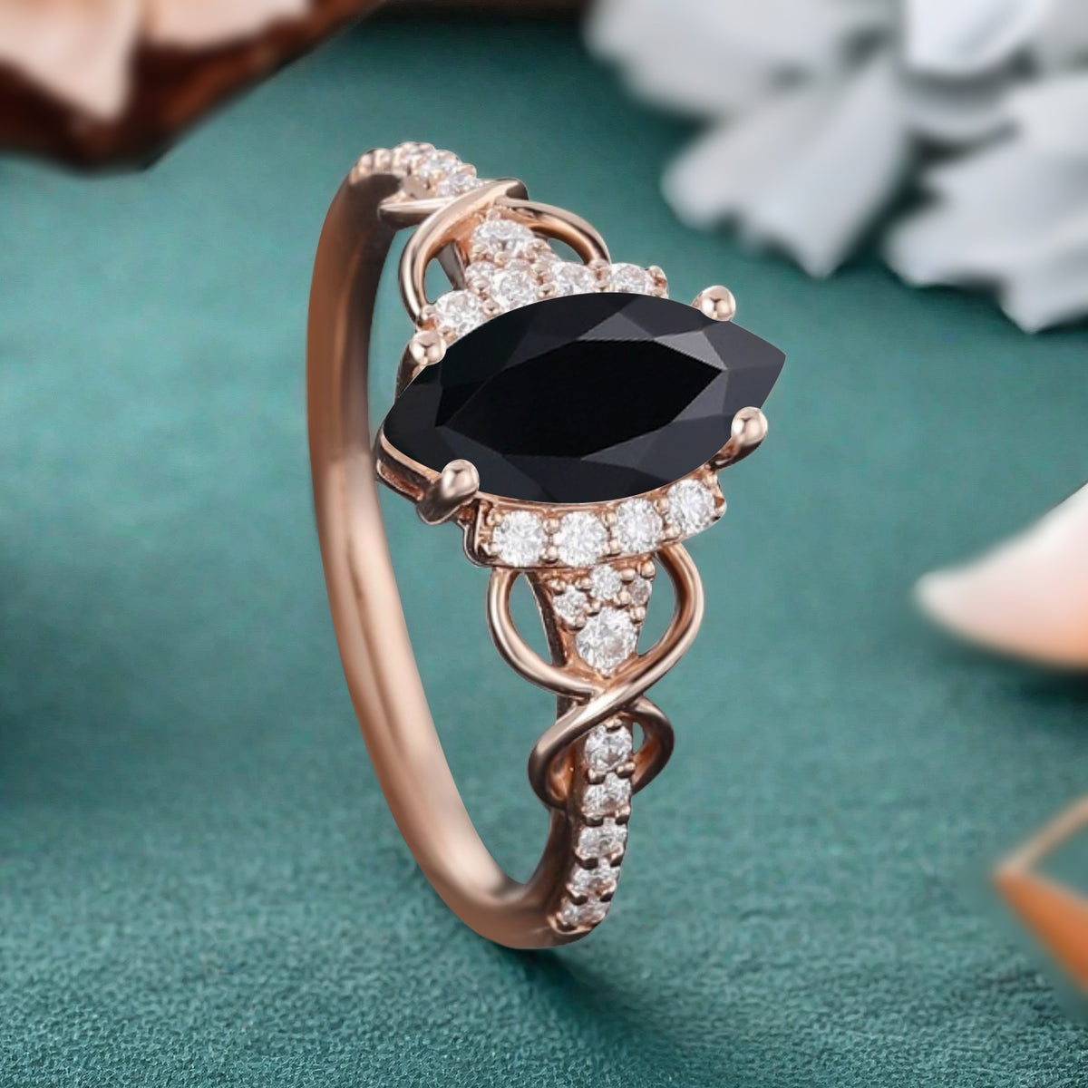 Art Deco Black Onyx Ring Unique Vintage Marquise Shape Black Onyx Engagement Ring Wedding Promise Ring For Women Gemstone Bridal Ring