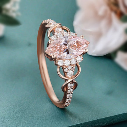 Art Deco Pink Sapphire Ring Unique Vintage Marquise Shape Pink Sapphire Engagement Ring Wedding Promise Ring For Women Gemstone Bridal Ring