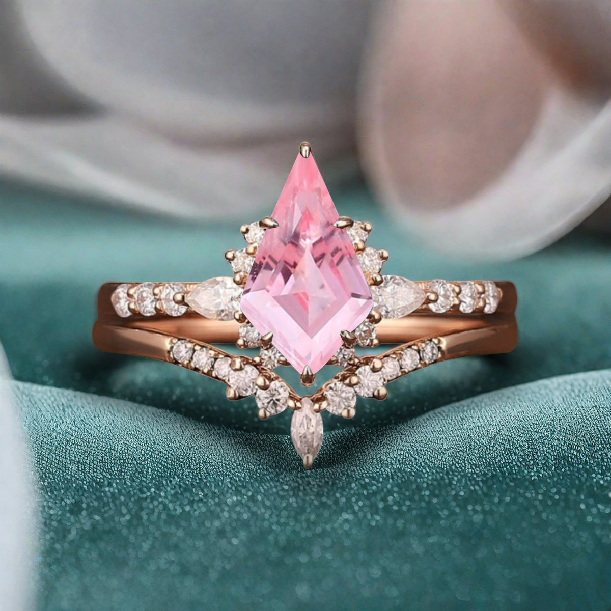 Unique Kite Cut Pink Sapphire Engagement Ring Set Vintage Solid Gold Diamond Ring Set Women Bridal Promise Wedding Ring Set Anniversary Gift