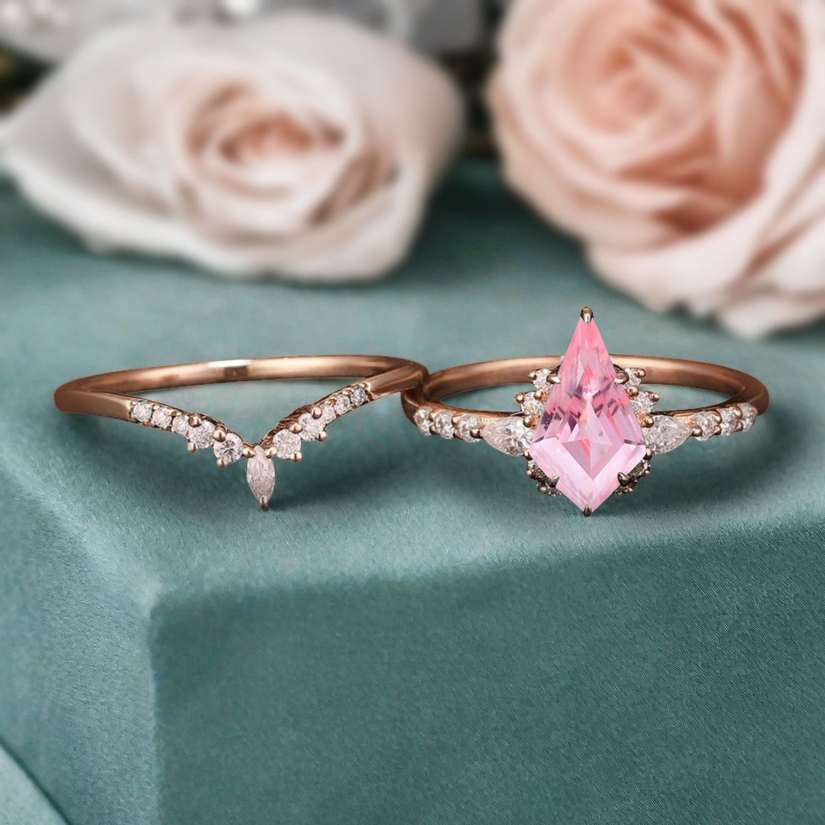 Unique Kite Cut Pink Sapphire Engagement Ring Set Vintage Solid Gold Diamond Ring Set Women Bridal Promise Wedding Ring Set Anniversary Gift